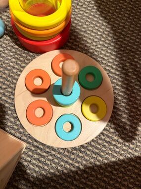 Colorful Wooden Ring Stacker Toy - Yellow, Orange, Teal, Green